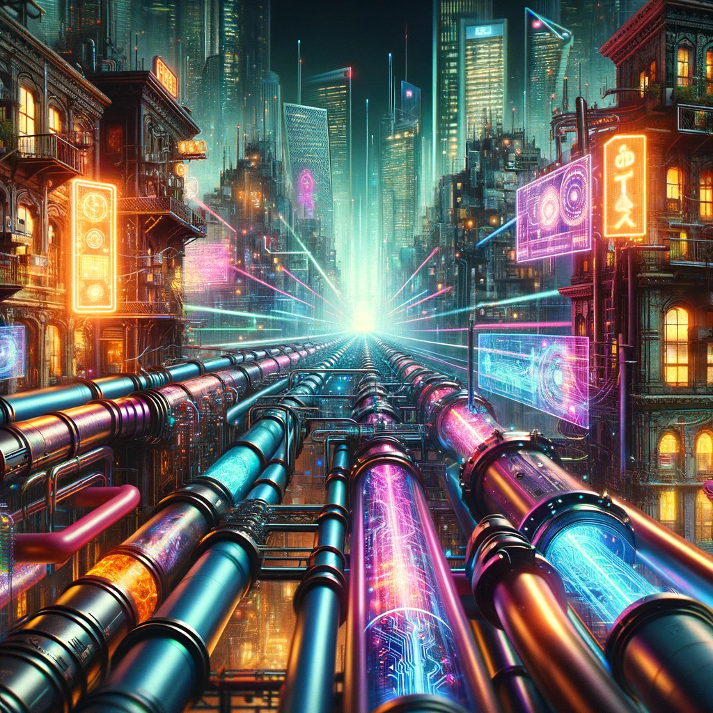 DALL·E 2024-03-24 21.23.52 - Imagine a data pipeline with a strong cyberpunk aesthetic. This pipeline is set in a neon-lit urban landscape, where the blend of old and new technology