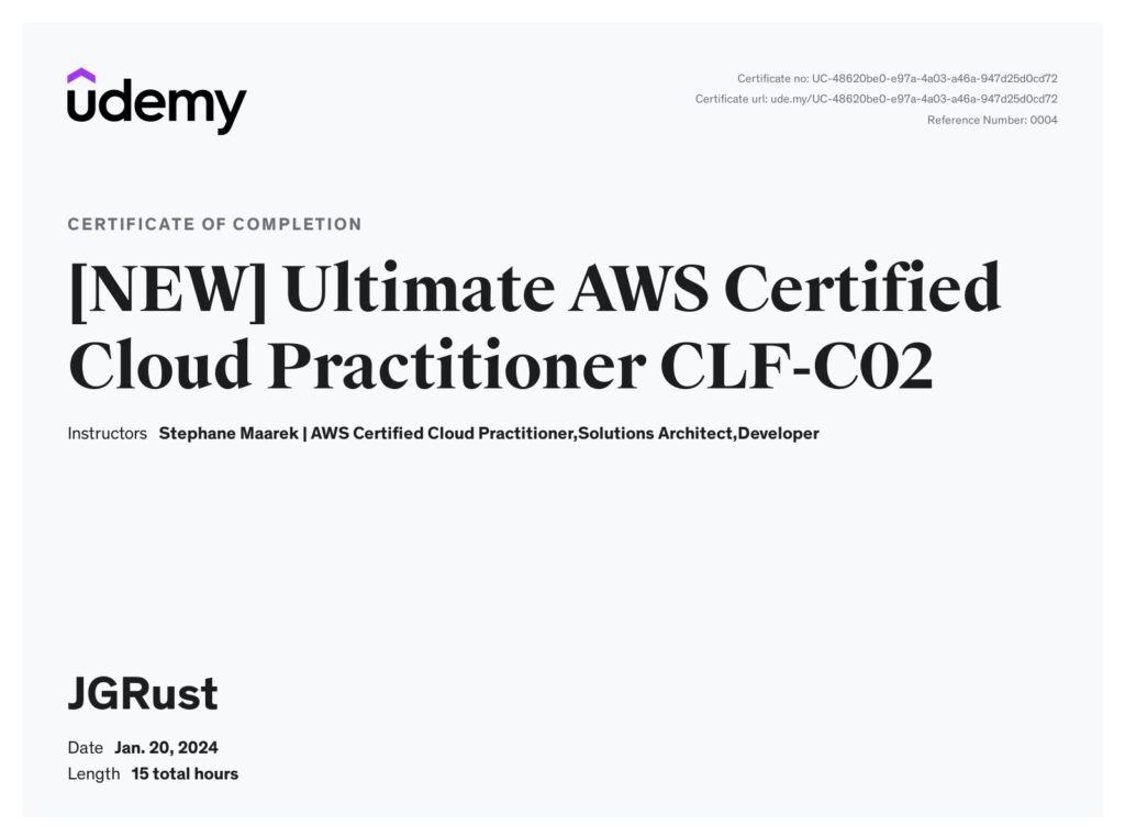 Ultimate AWS Certified Cloud Practitioner CLF-C02 Completion Certificate